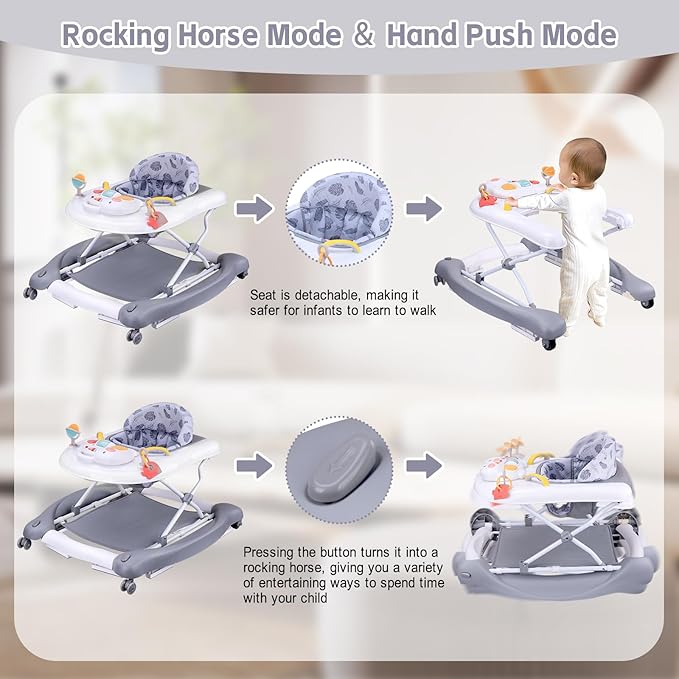 5 in 1 Foldable Baby Walker, Activity Baby Walker-Baby Bouncer, Rocker, Activity Center,Seat and Push Walker,Detachable Trampoline Mat, Adjustable Speed Rear Wheels and Height,Ages 6-18 Months(Grey)