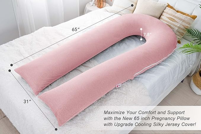 Meiz Pregnancy Pillow, Cooling Silky Pregnancy Pillows for Sleeping, 65" U Shaped Full Body Maternity Pillow for Pregnant Women, with Washable Jersey Cotton Cover, Pink