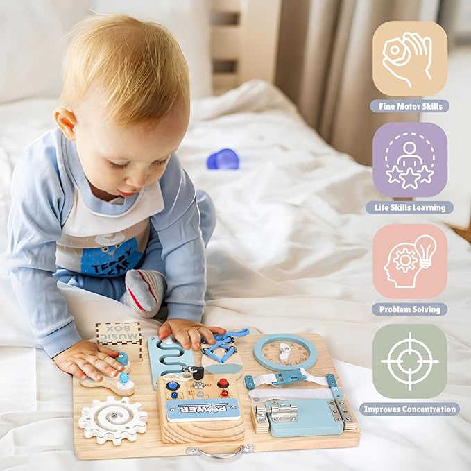 Joyreal Montessori Busy Board with LED Lights, Autism Sensory Travel Toys, Fidget Board Ideal Gift for Boys Girls Wooden Toddler Toys