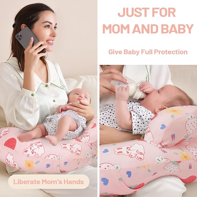 Nursing Pillow for Breastfeeding, Animal Patterns Removable Cotton Cover, Machine Washable, Strawberry Pattern （Candy Pink）
