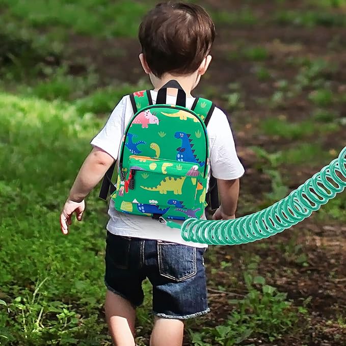 Accmor Toddler Backpack Leash with Anti Lost Wrist Link, Cute Mini Child Walking Harnesses Keep Kids Close Back Pack Rope Tether Rein for Baby Boys (Green/Dino)