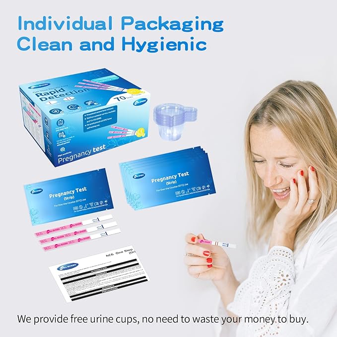70 Count Pregnancy Tests with Cups, Bulk Pregnancy Test Strips for Detection at Home, Over 99% Accuracy, Individually Wrapped Fertility Tests, Extra-Wide 5mm HCG Tests, Pruebas De Embarazo