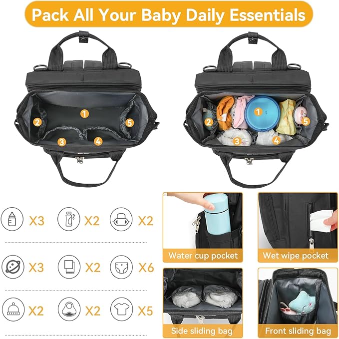 Diaper Bag Backpack with Changing Station – Large Waterproof Baby Bag for Moms & Dads, Pañaleras para Bebe, Multifunctional Diaper Backpack for Baby Girl, Travel Essentials (Black)