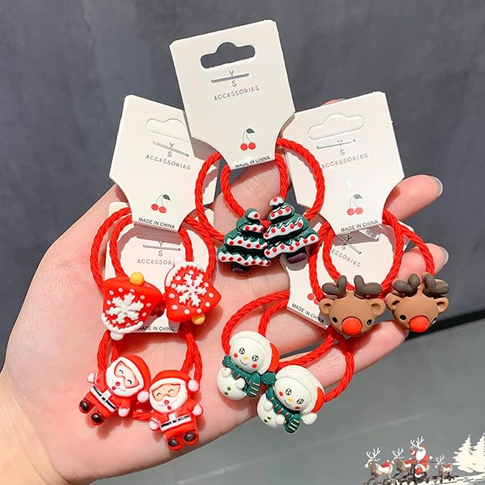Baby Hair Ties No Damage Christmas Accessories for Little Girls, 10Pcs Red Ponytail Holders for Toddler Kids Thin Hair, Cute Elastic Bands With Santa Clause Snowman Xmas Tree Reindeer
