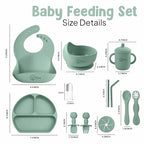O'doe 11-Piece BPA-Free Silicone Baby Feeding Set | Thick & Soft Suction Plates, Baby Bowls, Wooden Fork & Spoon, and More | Make Mealtime Fun and Easy for Your Little One (Green, V1)