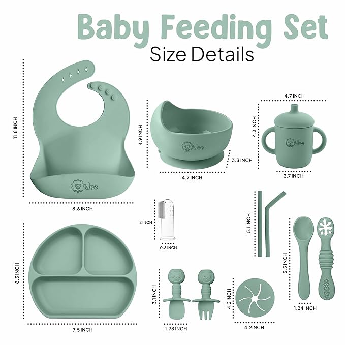 O'doe 11-Piece BPA-Free Silicone Baby Feeding Set | Thick & Soft Suction Plates, Baby Bowls, Wooden Fork & Spoon, and More | Make Mealtime Fun and Easy for Your Little One (Green, V1)