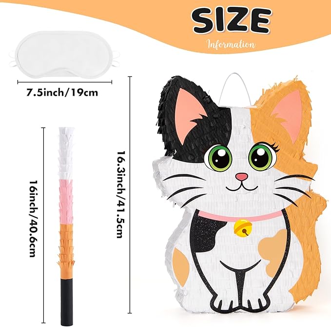 Wernnsai Kitten Cat Piñata - Cat Kitten Decorations For Kids Girls Birthday Cute Animal Party Game For Cat Lady KittenParty Supplies Favor With Bat Blindfold 16“ x 12.5" x 3"