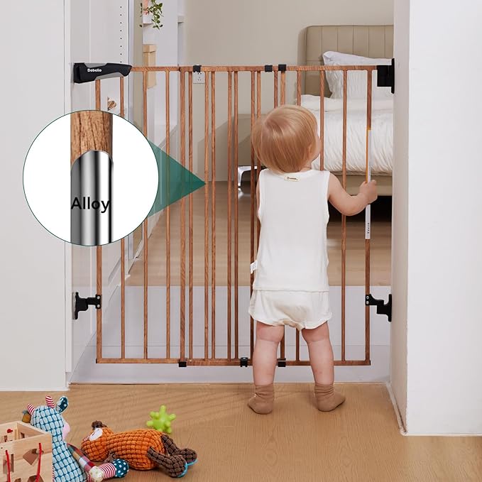 Babelio Baby Gate for Stairs & Doorways, 26-43" W 28" H No Bottom Bar| Easy Installation| One-Handed Operation| Auto-Close| Hardware Mount (Drill Needed) Safety Dog/Pet Gate (Brown Wood Pattern)