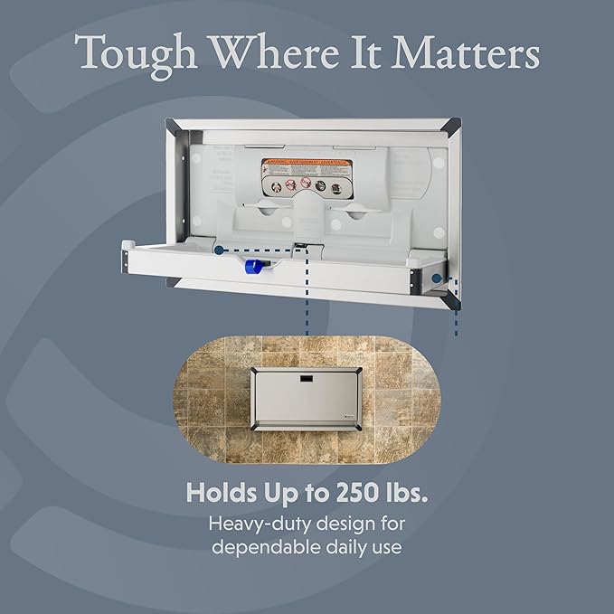 Foundations Horizontal Baby Diaper Changing Station with Recessed Mount, Stainless Steel Shell with Polyethylene Changing Table, Adjustable Safety Belt (100SSC-R)