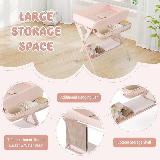 BABY JOY Portable Baby Changing Table, Foldable Diaper Changing Station w/Wheels, Adjustable Height, Large Storage Rack, Water Basin, Safety Belt, Mobile Nursery Organizer for Newborn Infant (Pink)