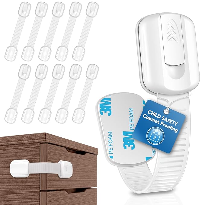 10 Pack Cabinet Locks Baby Proofing, SOGUDE Child Proof Cabinet Locks with 3M Adhesive Child Safety Locks for Refrigerator, Doors, Drawer Locks No Drilling, Cabinet Locks for Babies- White