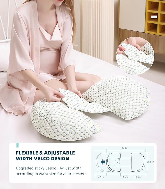 Pregnancy Pillow for Pregnant Women – Comfortable Maternity Pillow for Side Sleepers, Supports Back, Belly, HIPS, and Legs, with Removable & Adjustable Cover (Green, Plus)