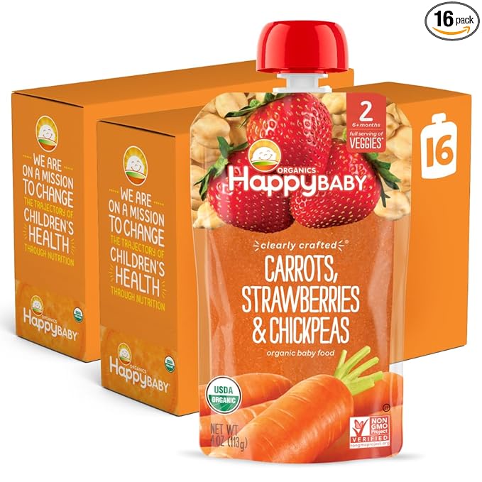 Happy Baby Organics Clearly Crafted Stage 2 Baby Food Carrots, Strawberries & Chickpeas, 4 Ounce Pouch (Pack of 16)