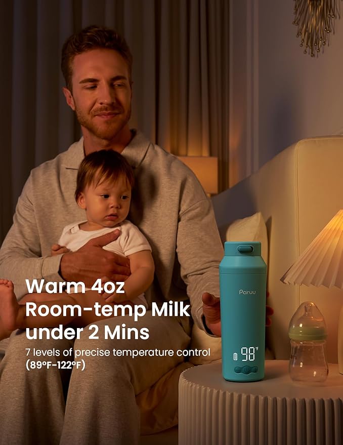Paruu Portable Bottle Warmer for Travel, Easy-Clean Wide Mouth, Portable Milk Warmer with Fast Heating for Night Feeding, 7-Temp Control, Large 12oz Capacity, Ideal Gifts for New Parents, Blue