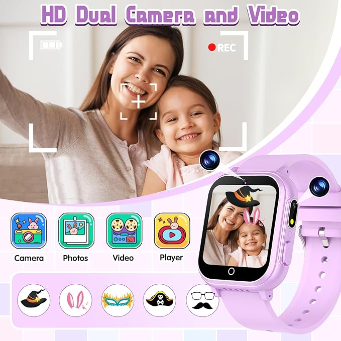 Kids Smart Watch Gift for Girls Ages 3-12, IP67 Waterproof, 32 Puzzle Games, HD Touchscreen Dual Camera Vedio Pedometer Music Player, Kids Watch Toy Birthday Gifts for Girls Ages 5 6 7 8 9 10 (Purple)