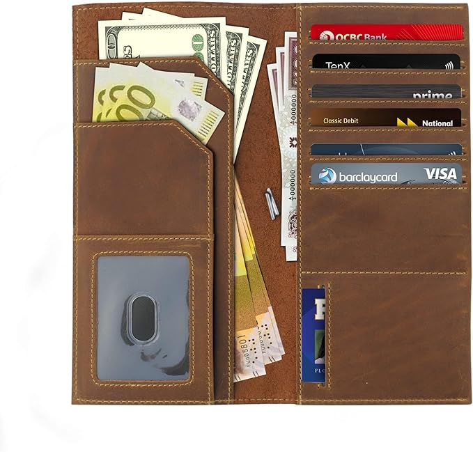 WANDERINGS Genuine Leather Passport Wallet - 4.25 x 9 - Large Leather Passport Holder for Travel - Folding Leather Travel Wallet Case with RFID Blocking, Travel Organizer for Men and Women