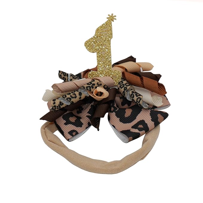 Birthday Hair Bow for Baby Girls 1 2 3 4 5 6 Years Sprinkle Decorations Party Hair Accessories Headband for First 1st Birthday Leopard Print