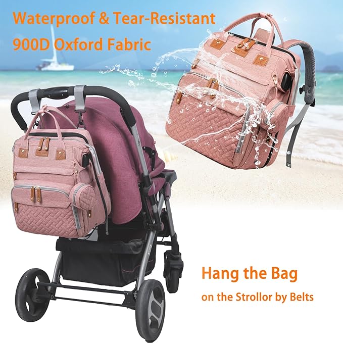 Baby Diaper Bags with Changing Station, Waterproof Diaper Bag Backpack for Moms Dads with USB Charging Port, Baby Shower Gifts, Large Capacity diaper backpack, Pink