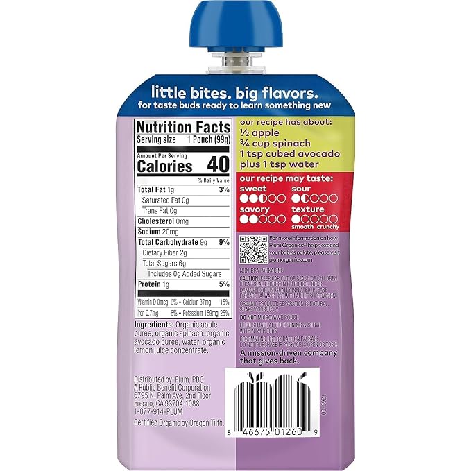 Plum Organics Stage 2 Organic Baby Food - Apple, Spinach, and Avocado - 3.5 oz Pouch (Pack of 12) - Organic Fruit and Vegetable Baby Food Pouch