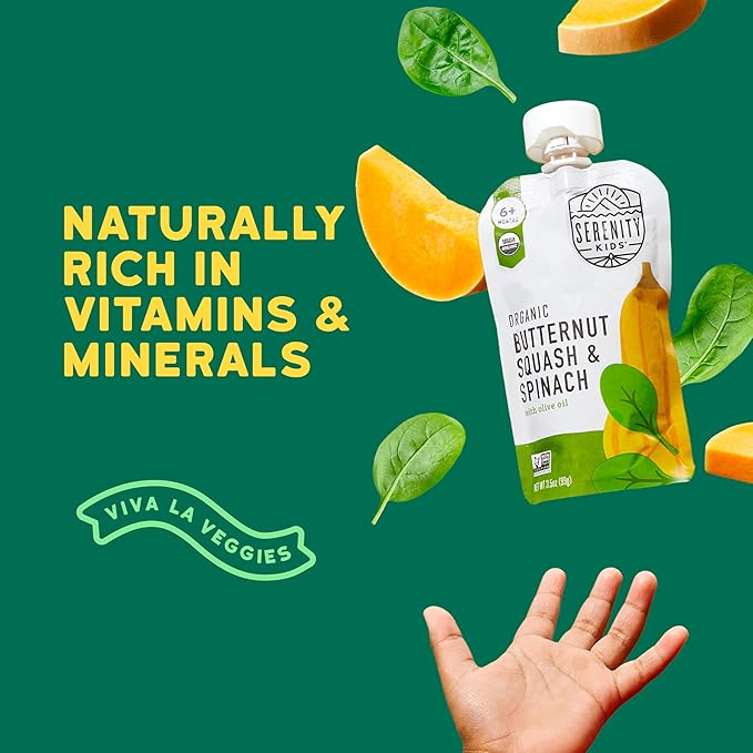 Serenity Kids 6+ Months Veggie Puree Baby Food Pouches - Butternut Squash & Spinach - USDA Organic No Added Sugar Allergen Free BPA-Free - Healthy Toddler Food - 3.5 Oz, 12 Pack