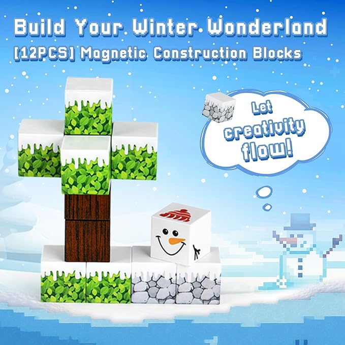 3 otters 12PCS Magnetic Building Blocks, STEM Toys Travel Magnetic Tiles for Kids with Storage Box for Boys Girls Birthday Party Gift (Winter)