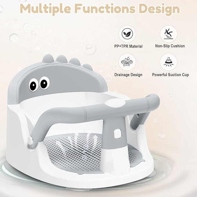 Baby Bath Seat for Babies 6 Months & Up Sitting Up, Non-Slip Baby Bath Chair with Suction Cup, Safe and Comfortable Portable Infant Bath Seat for Bathroom, Bathtub Tub, Easy to Clean (Grey)
