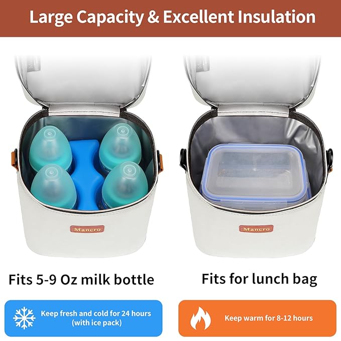 Mancro Breastmilk Cooler Bag for Travel, Fits 4 Baby Bottles Up to 9 Ounce, Baby Bottle bag with Ice Pack, Insulation Breast Milk Cooler Travel, Cream