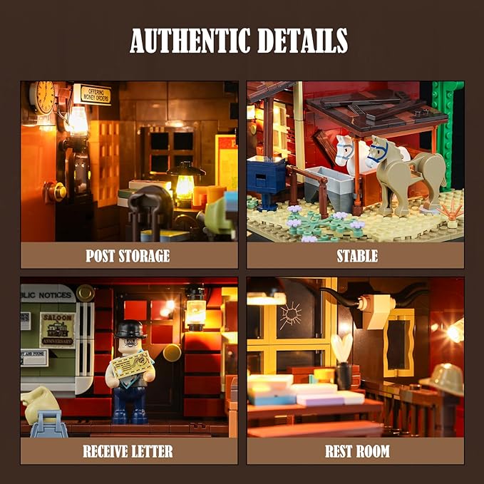 FUNWHOLE Old West Post Office Lighting Building-Bricks Set - 1692 Pcs The Wild West Town Collection Display Set for Adults and West Lovers