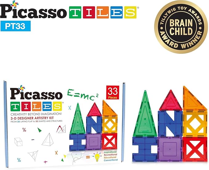 PicassoTiles Educational Set Magnetic Building Tiles with Unique Shapes & Clear Box Tile 3D Magnet Construction Block Different Shapes Connects with Other Figure for Boys & Girls Ages 3+