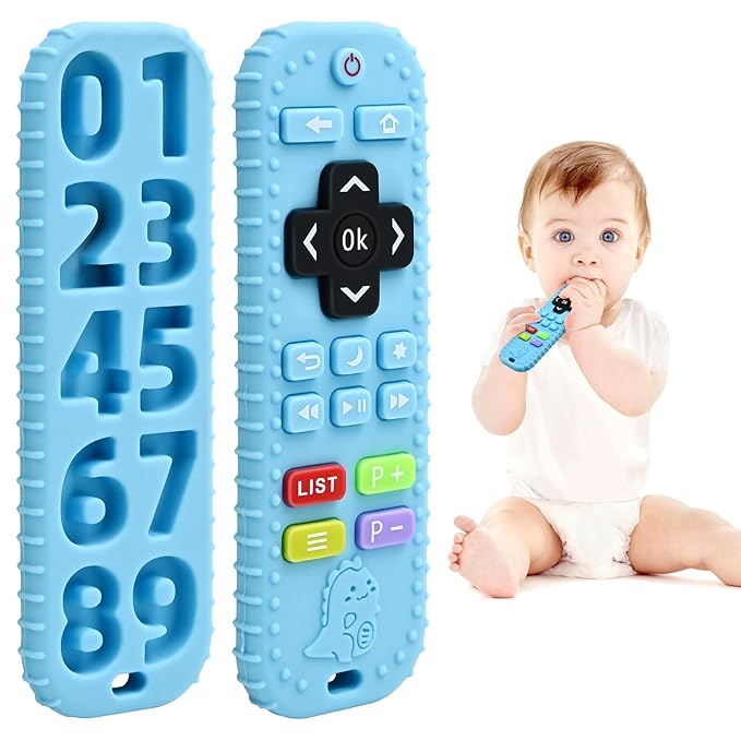 Teething Baby Toys 3-6 Months, Soft Silicone Remote Control Teethers Toys for Babies 6 to 12 Months, Teething Infant Chew Set for Newborn Boys Girls Baby Shower Gifts, Blue