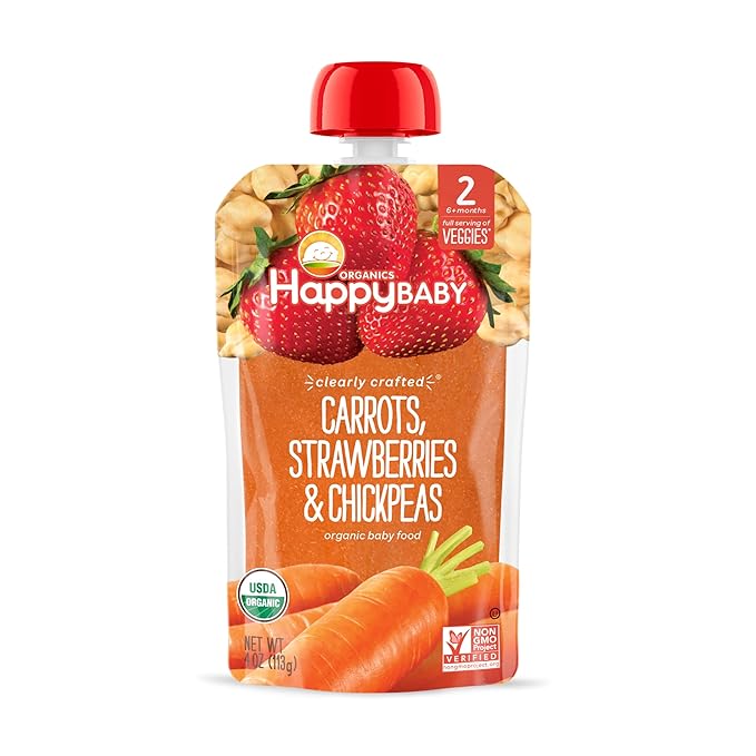 Happy Baby Organics Clearly Crafted Stage 2 Baby Food Carrots, Strawberries & Chickpeas, 4 Ounce Pouch (Pack of 16)