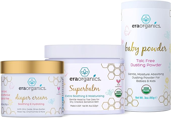 Era Organics Baby Powder & Healing Ointment & Diaper Cream – Gentle, Soothing Relief for Newborns, Infants & Toddlers – Eczema, Rashes, Cradle Cap & Chafing Protection