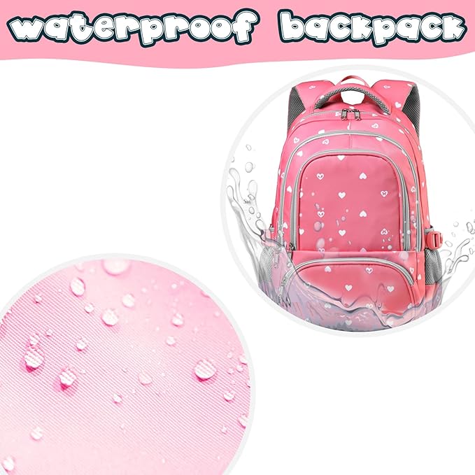 BLUEFAIRY Lightweight Water Resistant Backpack for Girls, Pink, 5-9 Years, Laptop Compartment, Adjustable Shoulder Straps, Breathable Mesh