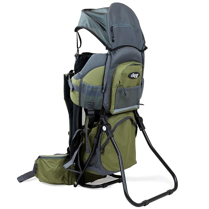 ClevrPlus Canyonero Camping Baby Backpack Hiking Kid Toddler Child Carrier with Stand and Sun Shade Visor, Army Green