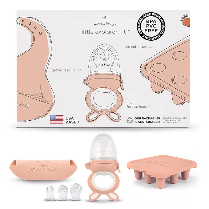 Moss and Fawn Little Explorer Kit - Silicone Frozen Breast Milk Popsicle Kit with Forage Feeder, Teething Popsicle Ice Cube Tray, & Gather & Roll Baby Feeding Bib - BPA, PVC, & Lead-Free - Bloom