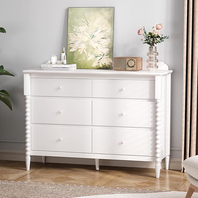 6 Drawer Dresser, Kids Dresser with Storage, Wide Chest of Drawers for Nursery, Wood Large Drawer Organizer Cabinet for Bedroom, Living Room, White