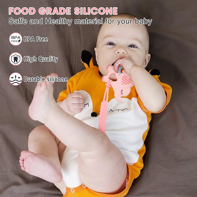 Teething Toys for Babies 0-6 6-12 Months Baby Teethers with Clip Silicone Baby Teether Toys for Boys and Girls Infant Teething Relief for Teething Elephant Shape, Pink