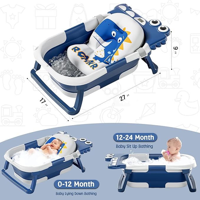 MoreFeel Collapsible Baby Bathtub for Newborn with Thermometer & 1 Hooded Towel & 1 Soft Floating Cushion,Portable Travel Bathtub with Drain Hole, Durable Foldable Baby Tubs for Infants to Toddler