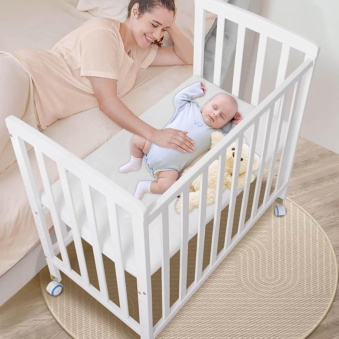 Baby Bassinets Bedside Sleeper - Portable Pine Wood Bedside Bassinet,6 Heights Small Mini Crib with Mattress,Space-Saving Design Baby Crib for Newborns,White