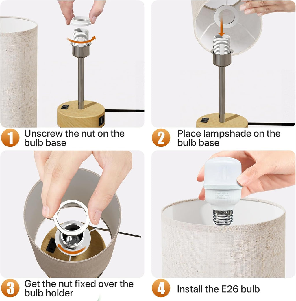 KPQ Small Bedside Lamp Touch Control Table Lamp with USB A+C Charging Ports & AC Outlet 3-Way Dimmable Nightstand Lamp with Linen Fabric Shade for Bedroom Living Room