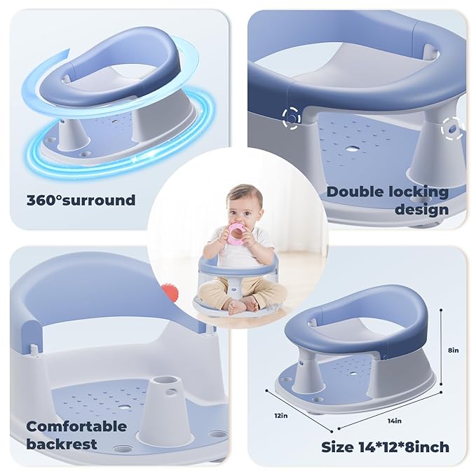 Baby Bath Seat-for Babies 6 Months & up with Temperature Alert+Soft Cushion+Suction,Toddler Bath Seat for Baby, Sitting Up with Baby Bathtub Seat, Blue