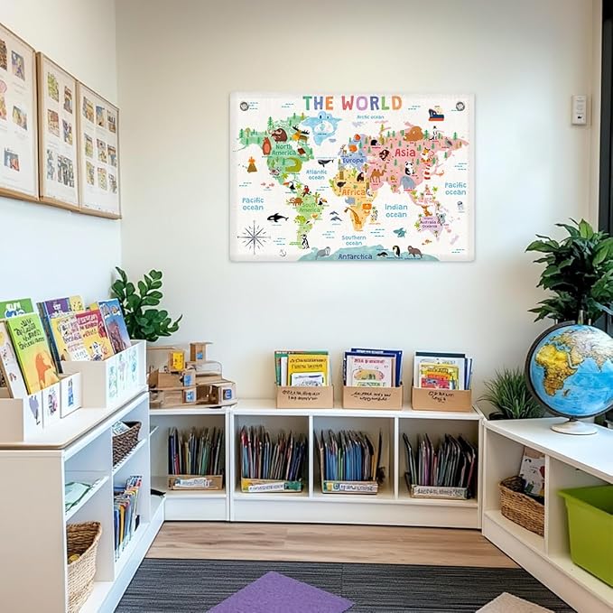 World Map Banner Playroom Decor Wall Hanging, Playroom Wall Decor Educational Banner Flag, Cute Cartoon Animal Wall Flag Nursery Bedroom Toddler Room Decor Classroom Decorations, Banner for Room