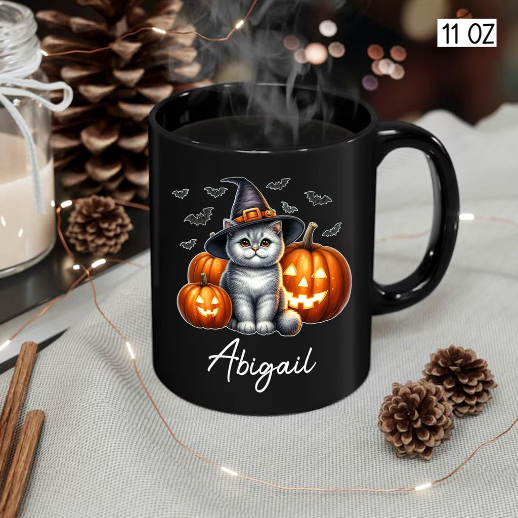 Personalized Name British Shorthair Coffee Mug Gift for Cat Lover, British Shorthair Wearing Witch Hat Black Cup, Custom Cat Pumpkins Halloween Ceramic Cup 11oz 15oz, Pet Owner Halloween Mug