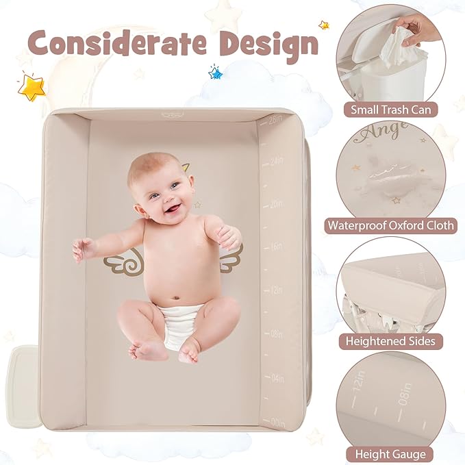 BABY JOY Portable Baby Changing Table, Foldable Diaper Changing Station with Wheels, Adjustable Height, Large Storage Rack, Trash Can, Mobile Nursery Organizer for Newborn Infant (Beige)