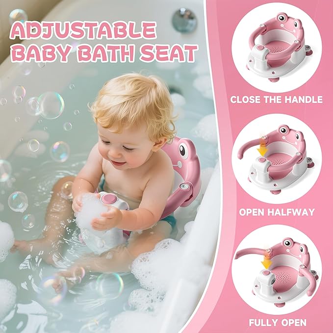 Baby Bath Seat for Babies 6 Months & Up - Toddler Bath Seats for Baby Sitting Up with 4 Suction Cups & Soft Cushion, Non-Slip Infants Shower Bathtub Chair for Newborn Girls, Pink