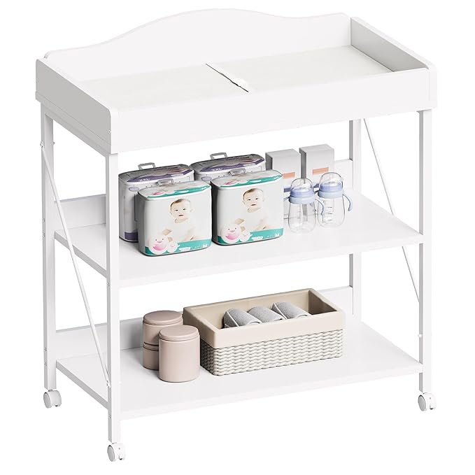 Baby Changing Table, Diaper Changing Station with Pad and Wheels, Two-Tier Open Storage Shelves, Waterproof Diaper pad & Safety Strap, Compact Baby Furniture for Nursery, White