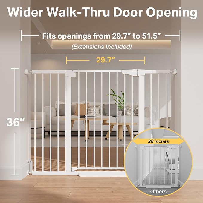 Cumbor 36" Extra Tall 29.7"-51.5" Baby Gate for Stairs, Easy Wall Through Dog Gates for Doorways Extra Wide, Pressure Mounted Tall Pet Gate Indoor, Safety Auto-Close Child Gate for Kids, White