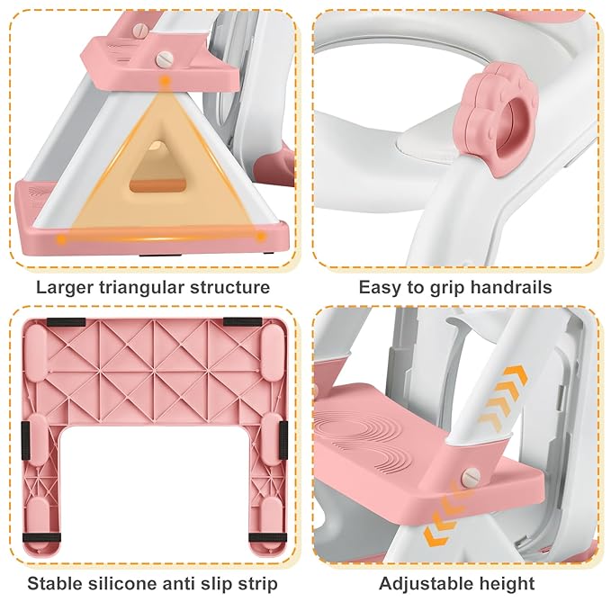 2 In 1 Potty Training Toilet Seat & Toddler Step Stool, Bottom Triangle Stability Toddler Toilet Seat, Adjustable Step & Seat Height Potty Seats (Pink)