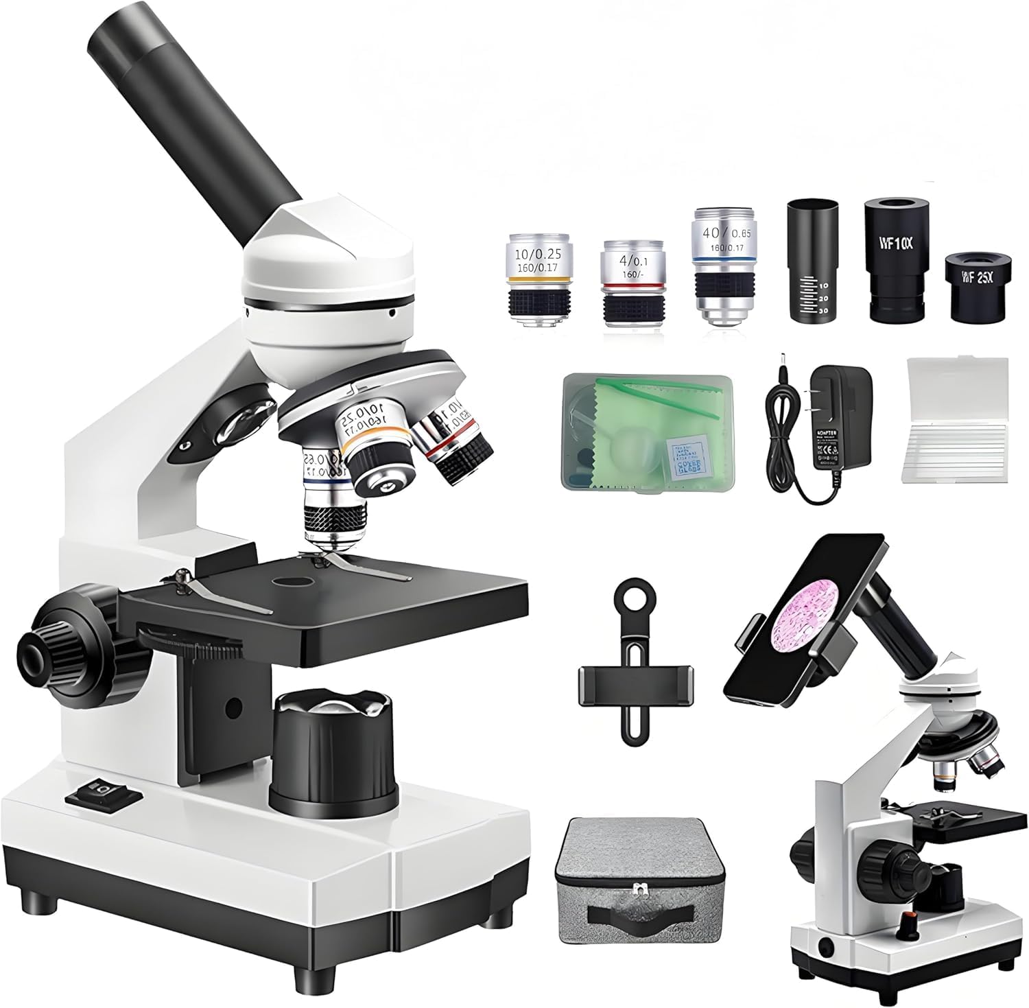 Biological Microscope Kit for Students ，LED Student Compound Monocular Microscope with Base, Suitable for Beginners Cell Phone Adapter, Upper and Lower Light, 100-1000x Magnification Powerful
