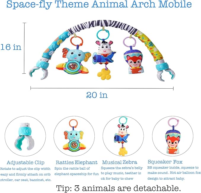 Baby Stroller Arch Mobile With Universal Clamps - Clip-On Activity Bar for Bassinet, Bouncer, Crib, Car Seat - Musical Infant Toys With Elephant Squeaker and Zebra Rattle